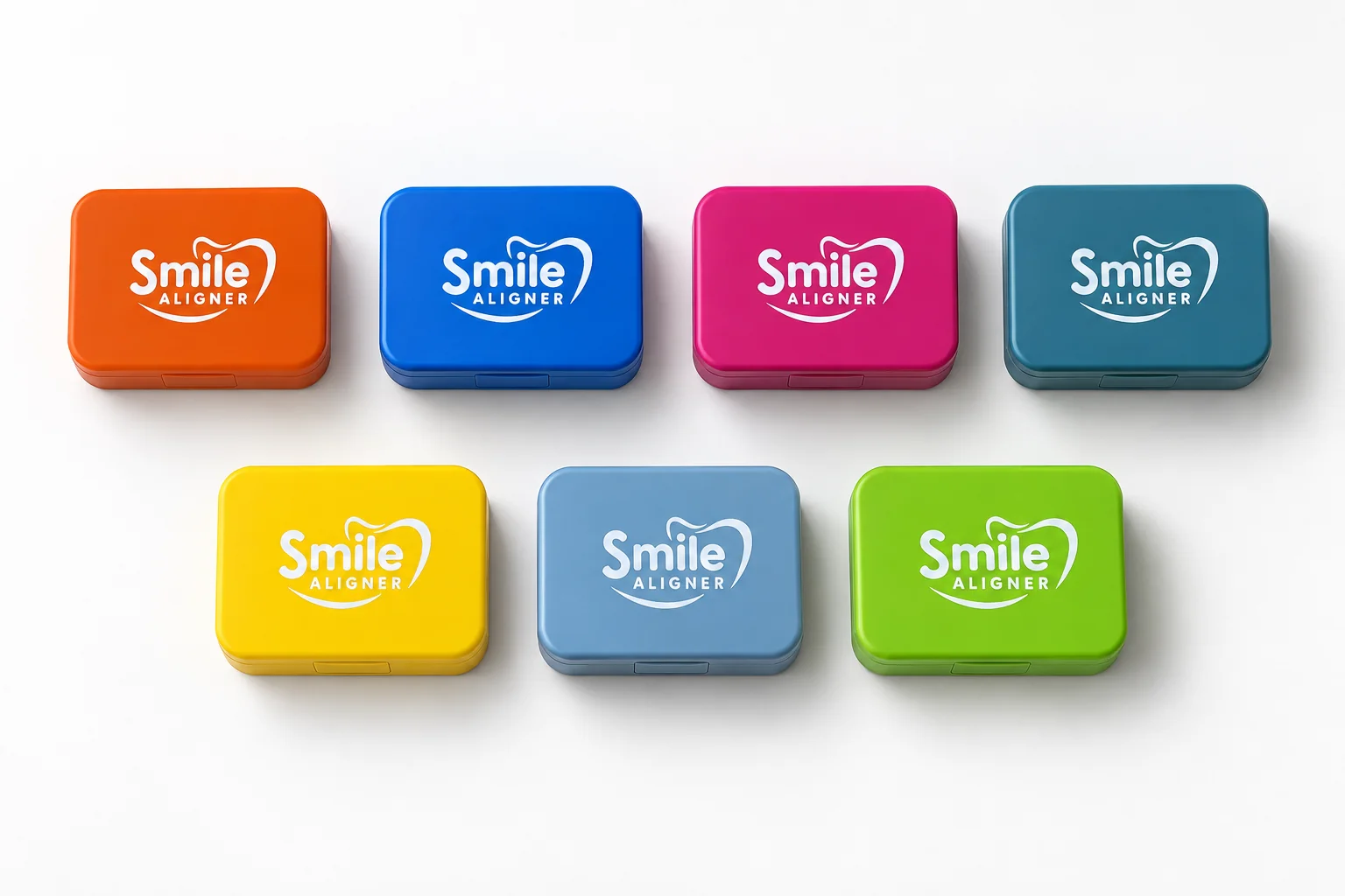 Sept boîtes Smile Aligner : orange, bleue, rose, bleu canard, jaune, bleu gris et vert citron