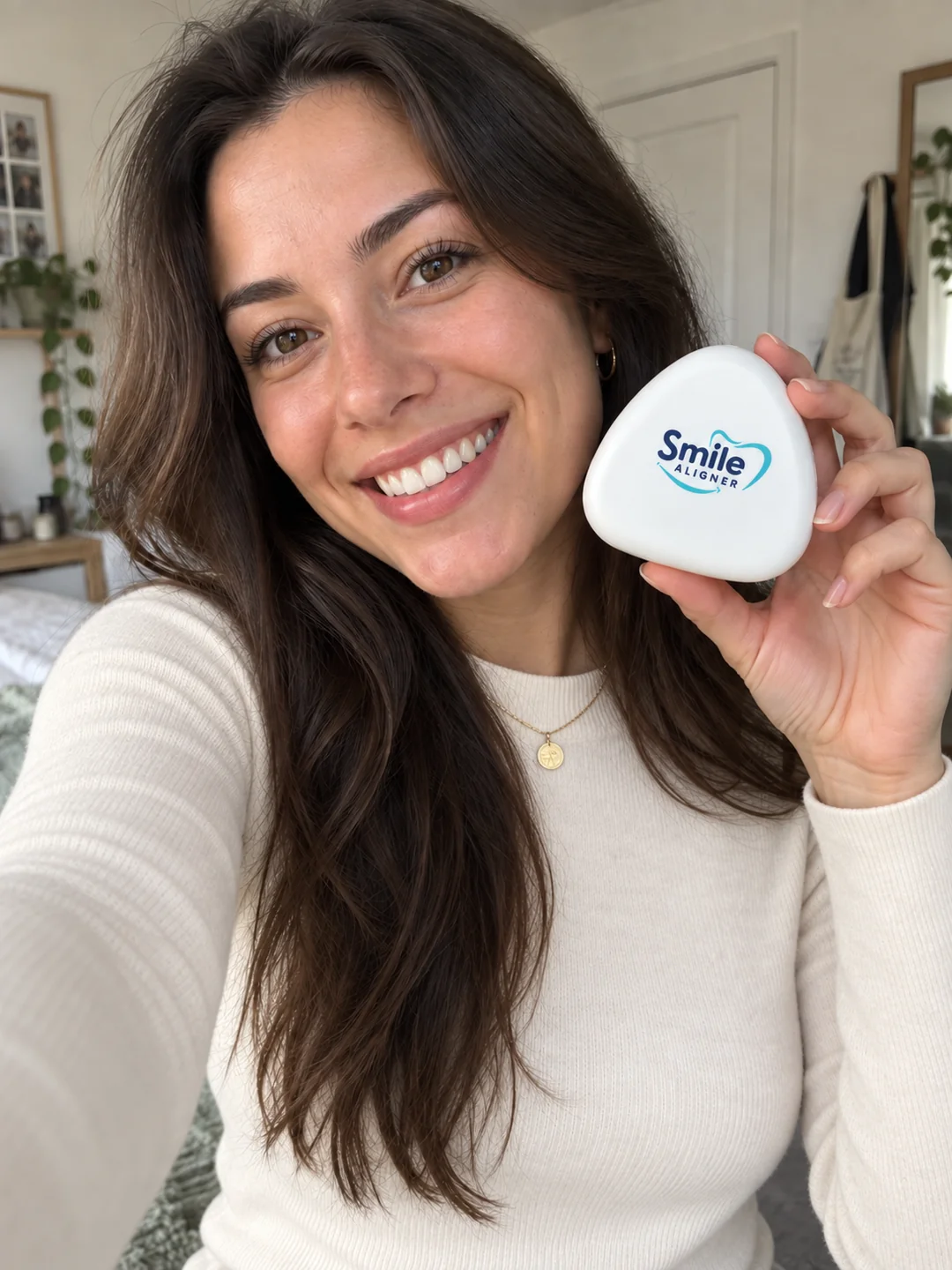 Une femme souriante tenant une boîte Smile Aligner blanche